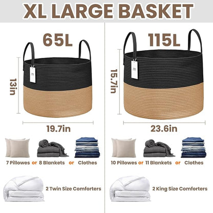 JMvicyroam 115L Extra Large Blanket Basket for Living Room - Woven Cotton Rope Laundry Hamper with Reinforced Handles - Storage Bin for Pillows, Comforters & Toys - Machine Washable,Black&Jute