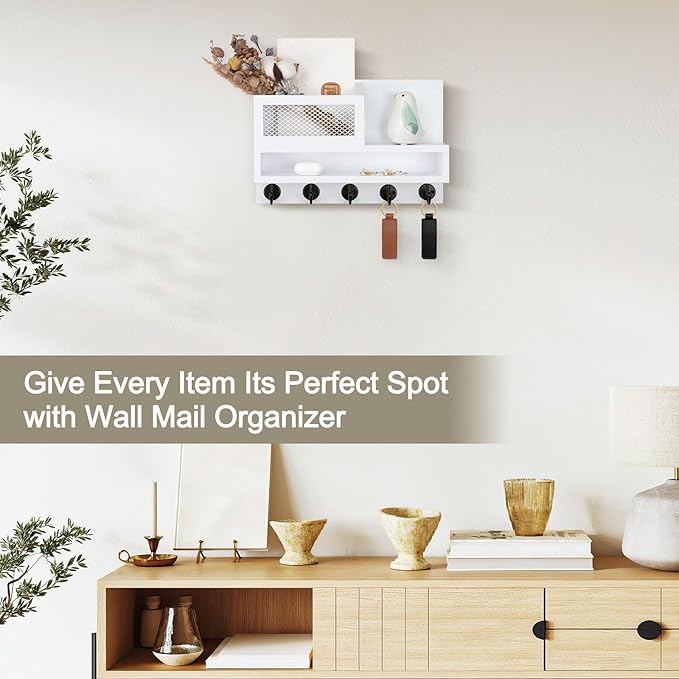 Key Holder for Wall, Mail Organizer Wall Mount with Storage Compartment and 5 key Hooks for Coat, Dog Leash, Stylish Mesh Mail Holder, Home Decor Entry Way Organizer