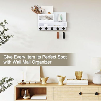 Key Holder for Wall, Mail Organizer Wall Mount with Storage Compartment and 5 key Hooks for Coat, Dog Leash, Stylish Mesh Mail Holder, Home Decor Entry Way Organizer