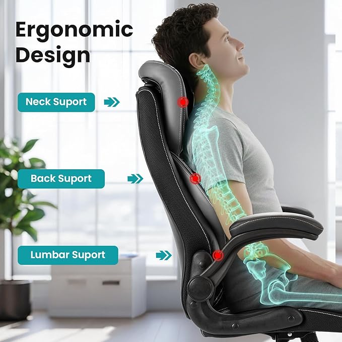 Big and Tall Executive Office Chair 400lbs for Heavy People, Ergonomic Computer Desk Chair with Lumbar Support & Adjustable Headrest, Comfy High Back Leather Office Chairs for Back Pain Relief, Grey