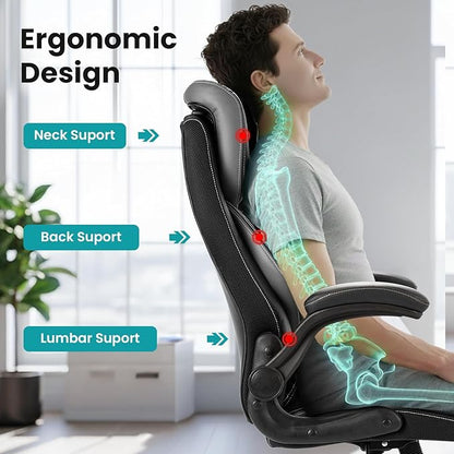 Big and Tall Executive Office Chair 400lbs for Heavy People, Ergonomic Computer Desk Chair with Lumbar Support & Adjustable Headrest, Comfy High Back Leather Office Chairs for Back Pain Relief, Grey