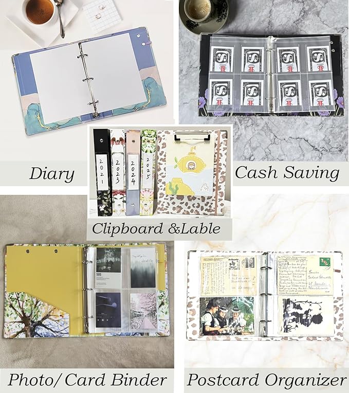 Mini 3 Ring Binder 1 Inch for 5.5"x8.5" Paper, Cute Small Three Ring Binders with Clipboard,5-Tab Dividers, Interior Pocket, Spine ID Label Holder, BVSSX A5 Binder with Pen Holder,Leopard