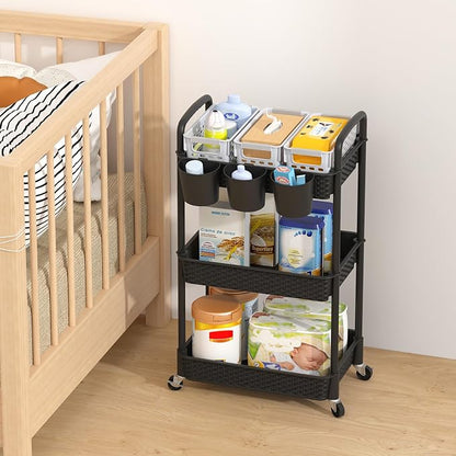 MOYIPIN 3-Tier Plastic Rolling Utility Cart with Handle,Utility Storage Cart for Office, Living Room, Kitchen,Movable Storage Organizer Shelves,Black with 3 Hanging Cups
