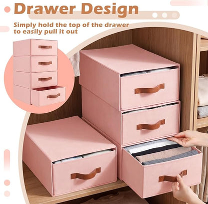 Windyun 4 in 1 Stackable Storage Drawers Closet Organizer with Dividers for Socks Underwear Bras Scarves Ties Large Dresser Organizer Bins Foldable Clothes Storage Boxes, 12 x 15 x 6 Inch(Pink)