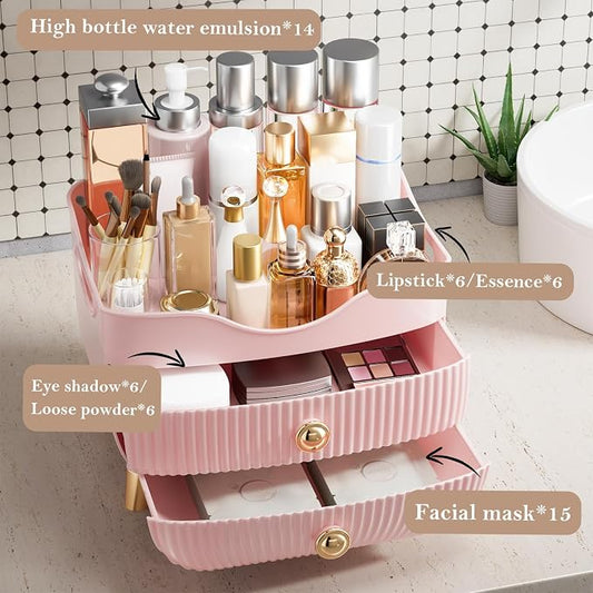 Makeup Organizer Countertop, Large Capacity Skincare Cosmetic Organizer for Vanity with 2 Drawers, Cosmetic Display Cases Makeup Storage Box for Bedroom, Bathroom, Ideal Gifts for Women(Pink)