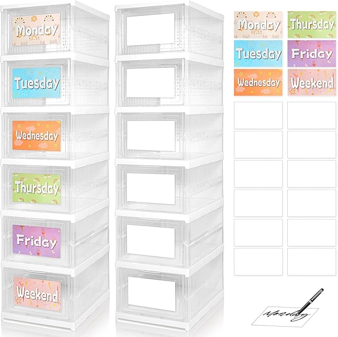 6 Shelf Weekly Clothes Organizer for Kids, Foldable Days of the Week Clothes Organizer with 18 Labels, Monday Through Weekend Essential Stuff Shoe Organizer, Kid Habit & Creativity Training