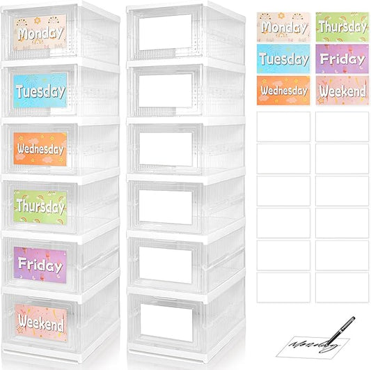 6 Shelf Weekly Clothes Organizer for Kids, Foldable Days of the Week Clothes Organizer with 18 Labels, Monday Through Weekend Essential Stuff Shoe Organizer, Kid Habit & Creativity Training