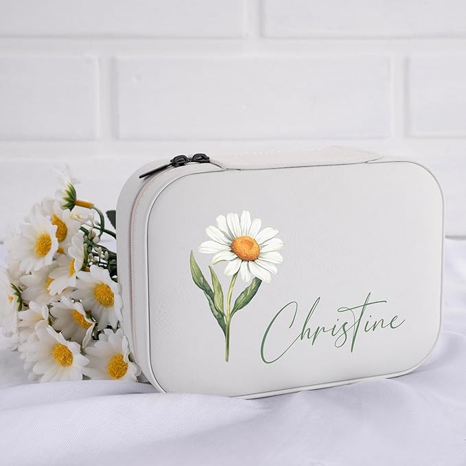 Custom Leather Jewelry Box with Name & Birth Flower Month, Birthday Gifts for Women, Personalized Jewelry Travel Case - Customized Jewelry Organizer Box, Mom Birthday Gifts, Emerald