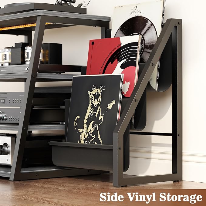 AV Media Stand with Outlets, Stereo Stands and Racks with Vinyl Storage, Stereo Stand with Record Storage, Audio Stereo Rack Cabinet, Turntable Console Stand with LED lights, 4 Tiers, Walnut Grey