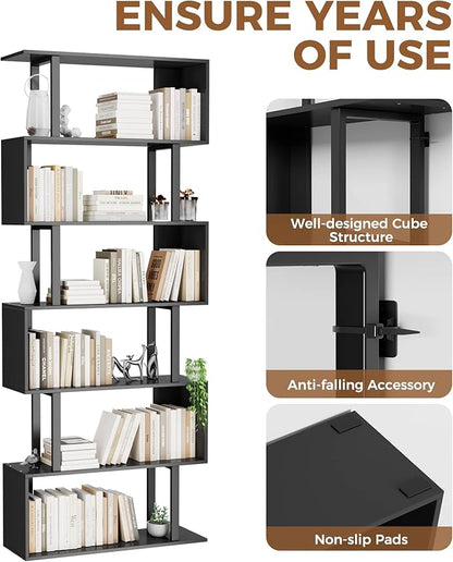 Gadroad 6 Tier Geometric Bookcase, Black Book Shelves, Modern Corner Bookcase Storage Shelf Wood for Bedroom, Living Room, Home Office, Black