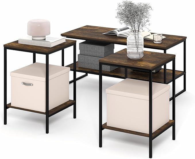 Furinno Simplistic Coffee Table and End Table Set of 3, Modern Metal Frame 2-Tier Coffee Table & 2 Square Side Tables, Night Stands Set, for Living Room, Bedroom, Home Office, Amber Pine
