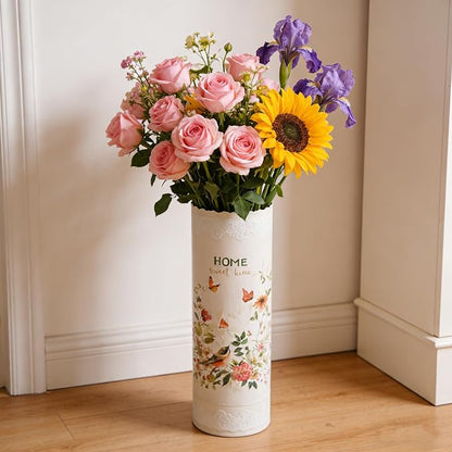 Vintage Metal Round Umbrella Holder Decorative Flower Design Umbrella Stands Entryway Organizer Bucket for Home/Office/Farmhouse - Holds Multiple Umbrellas, Walking Sticks & Canes Flower Pink