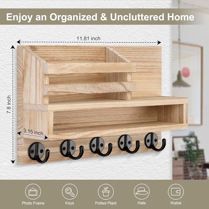 Key and Mail Holder Wall Mount, Key Hanger with Long Storage Box and Key Hooks for Coat, Dog Leash, Home Decor Rack, House Accessories, Entry Way Organizer