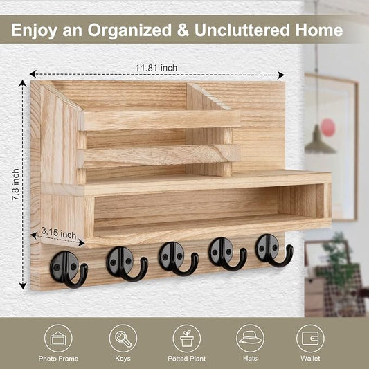 Key and Mail Holder Wall Mount, Key Hanger with Long Storage Box and Key Hooks for Coat, Dog Leash, Home Decor Rack, House Accessories, Entry Way Organizer
