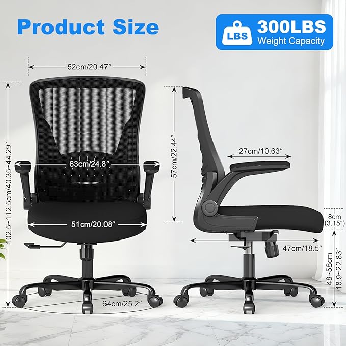 Office Chair Ergonomic Desk Chair with Comfy Mesh, Adjustable Height and Computer Use, for Home Office, Featuring Silent Wheel and Flip-Up Armrests, Comfortable for Long Hours