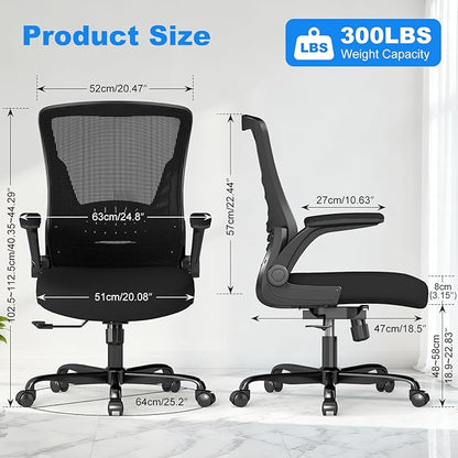 Office Chair Ergonomic Desk Chair with Comfy Mesh, Adjustable Height and Computer Use, for Home Office, Featuring Silent Wheel and Flip-Up Armrests, Comfortable for Long Hours