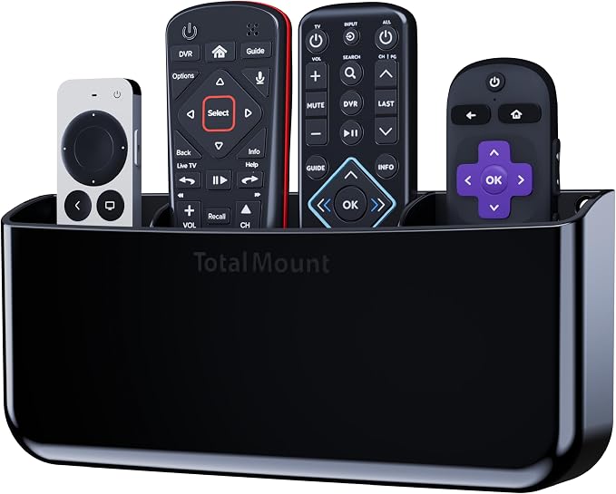TotalMount Hole-Free Remote Holder – Eliminates Need to Drill Holes in Your Wall (Premium Black Holder for 3 or 4 Remotes)