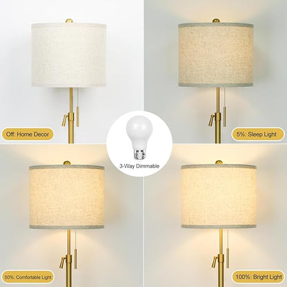 Modern Floor Lamp for Living Room, Adjustable Height Standing Lamp with Marble Base, Gold Tall Pole Light with Linen Shade for Reading Bedroom, Chain Switch, 8W 3-Way Dimmable Bulb Included