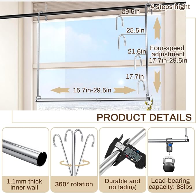 2 Pack Closet Rod Extender Adjustable 16-29 Inches, Double Hanging Organizer Extension for Clothes, Hook-on Storage Bar Adds Extra Space, Heavy Duty Stainless Steel Wardrobe Organizer for Small Closet