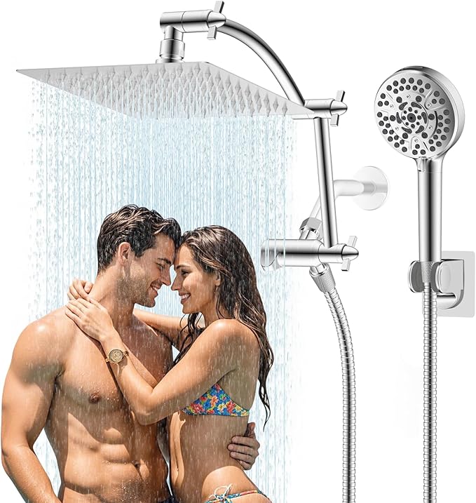 Hibbent All Metal cUPC Certified Shower Head, 8'' High Pressure Rainfall Shower Head, Handheld Showerhead Combo with 16'' Adjustable Extension Arm, 10 Sprays, 71'' Hose, Showerhead Holder, Chrome