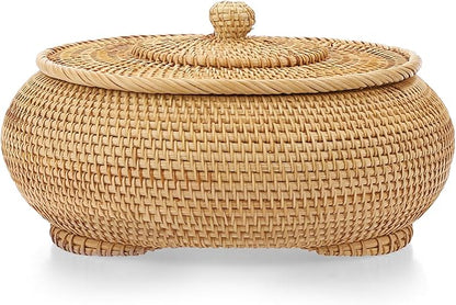 Hipiwe Round Rattan Boxes with Lid, X-Large Woven Bread Basket Natural Rattan Basket Wicker Storage Box Decorative Basket for Coffee Table Farmhouse Picnic Fruit Storage Basket