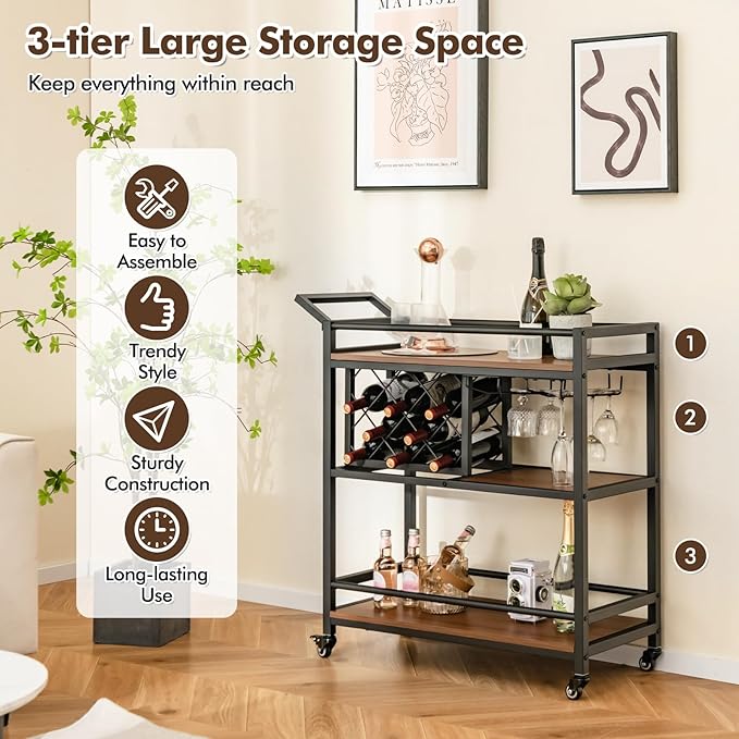 Giantex Bar Cart, 3 Tier Serving Cart for Home, 8 Wine Bottles Rack, Glass Holder, Industrial Mobile Kitchen Cart with Lockable Wheels and Handle, Storage Shelves for Drink Beverage