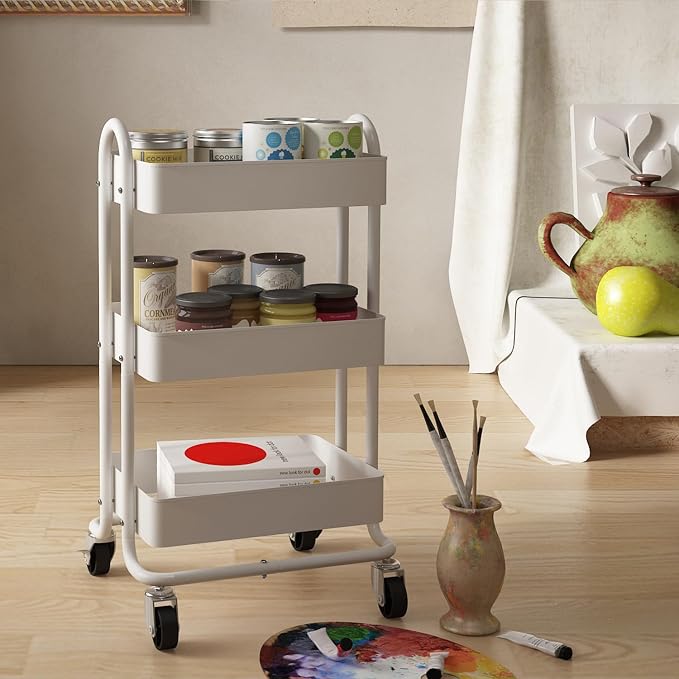 Metal Rolling Cart,3-Tier Metal Rolling Cart with Wheels,3 Tier Utility Cart with Wheels for Office,Home,Kitchen,Garden（13.4"x18.1"x31"） White