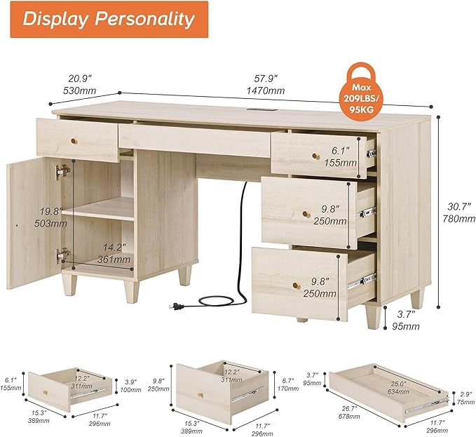 WAMPAT Executive Desk with Drawers & Storage Cabinet, 58 Inch Modern Wooden Office Desk with Charging Station & Keyboard Tray, Home Office Large Computer Desk, Work & Study Writing Desk, Light Oak