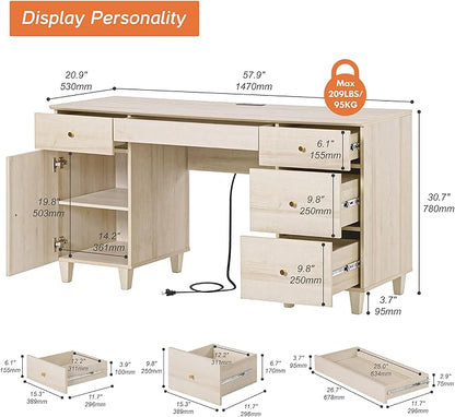 WAMPAT Executive Desk with Drawers & Storage Cabinet, 58 Inch Modern Wooden Office Desk with Charging Station & Keyboard Tray, Home Office Large Computer Desk, Work & Study Writing Desk, Light Oak