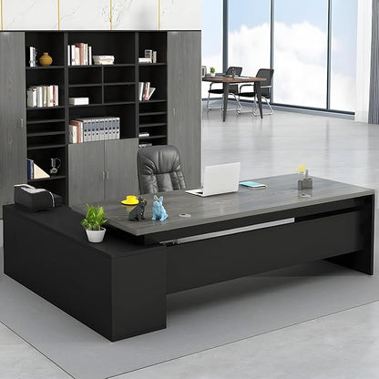 LITFAD Modern L-Shape Office Desk with Wood Base Executive Desks Boss Table Computer Desk Home Office Furniture with Drawers and Storage Shelves - 70.9" L x 31.5" W x 29.5" H Gray