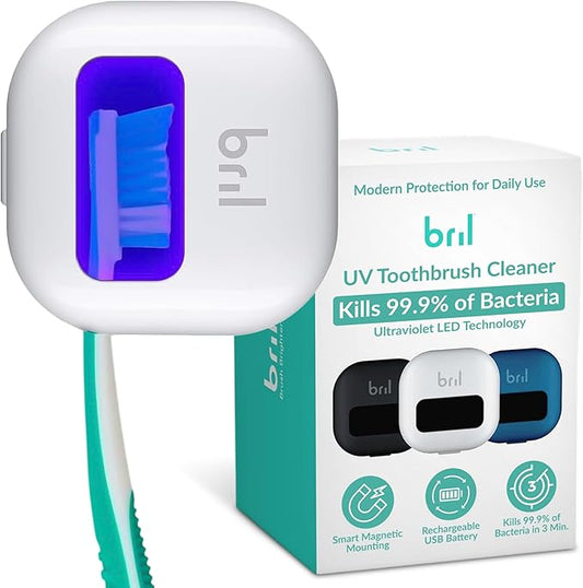 Bril UV-C Toothbrush Sanitizer and Holder – Wall Mounted, Rechargeable, 30-Day Battery, Magnetic Mount, Fits Electric and Manual Brushes, Portable Travel Case, Auto-Shutoff – White