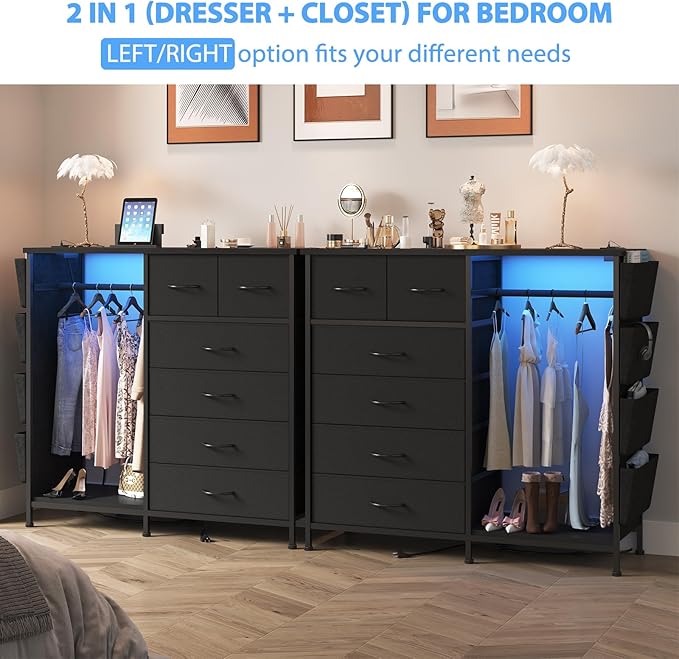6 Drawer Dresser for Bedroom with Clothes Rack, Clothes Dresser with Side Pockets and Hooks, Charging Station & LED Lights, Wooden Top, Fabric Storage (Black)