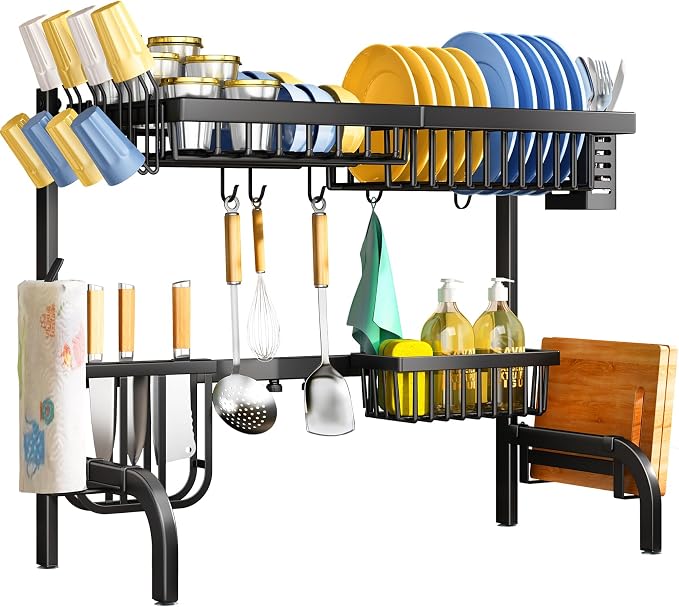 SAYZH Over the Sink Dish Drying Rack, Adjustable (25.5 to 33.5 inch) 2 Tier Metal Steel Dish Drying Racks for Kitchen Counter with Hooks Paper Towel Utensil Cup Holder Sink Caddy (Black)