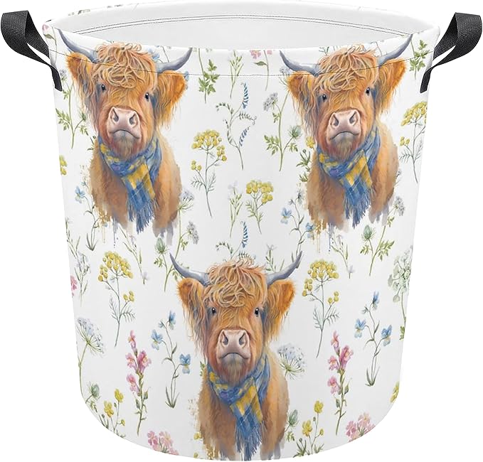 Highland Cow Laundry Basket Flower Foldable Oxford Cloth Funny Tote Bag Laundry Hamper Clothes Storage Bucket Organizer For Bathroom/Laundry Storage/Bedroom Storage Basket 17.7x13.7