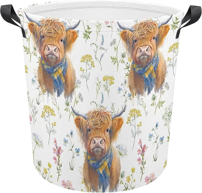 Highland Cow Laundry Basket Flower Foldable Oxford Cloth Funny Tote Bag Laundry Hamper Clothes Storage Bucket Organizer For Bathroom/Laundry Storage/Bedroom Storage Basket 17.7x13.7