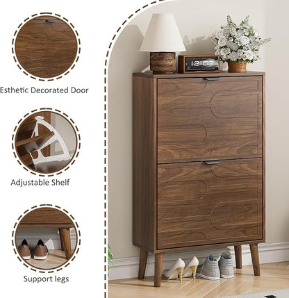 Shoe Cabinet Storage for Entryway with 2 Flip Drawers, Narrow Shoe Cabinet for Entryway, Hidden Slim Shoe Organizer Rack Cabinet (Brown, 23.6" W)
