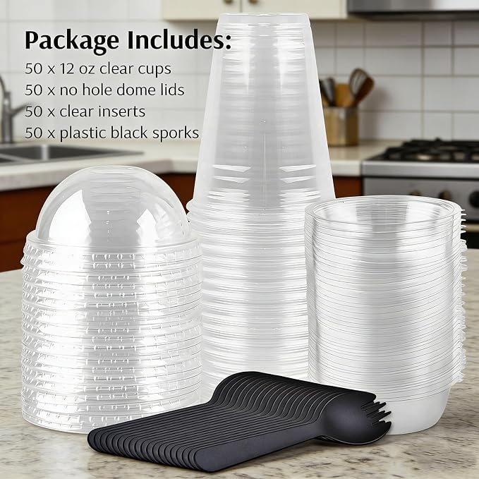 Zezzxu 50 Pack 12 oz Disposable Parfait Cups with Dome Lids No Hole, Toppings Compartment and Spork, Yogurt Conatiner with Granola Holder for Take Away Breakfast and Snacks, No Leaking