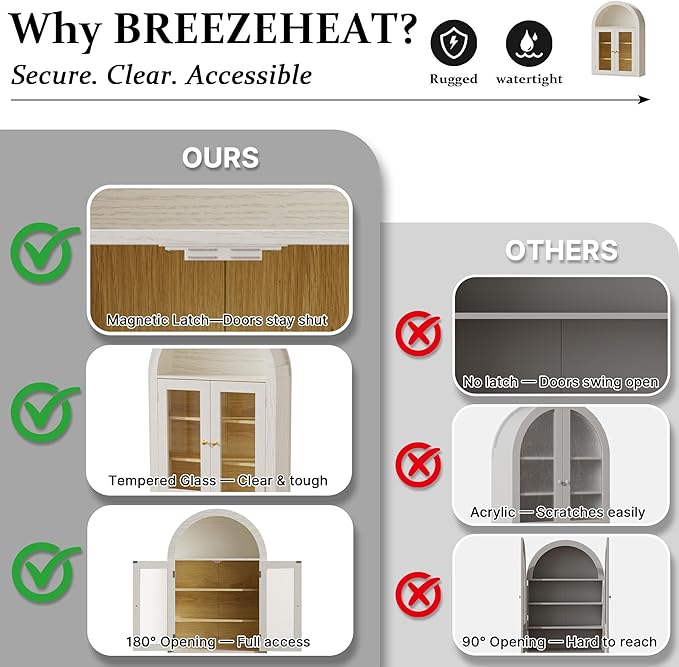 BREEZEHEAT Bathroom Medicine Cabinet Wall Mounted-Over The Toilet Storage Cabinet-Arched Wall Cabinet with Glass Doors & Adjustable Shelves, Wood Cabinet for Laundry Room, Kitchen, Living Room, Beige