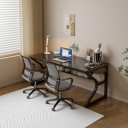 Extra Long Desk with Bookshelf - 55" Double Long Writing Table for 2-Person Workstation, Modern Study Work Computer Desk for Home and Office, Black