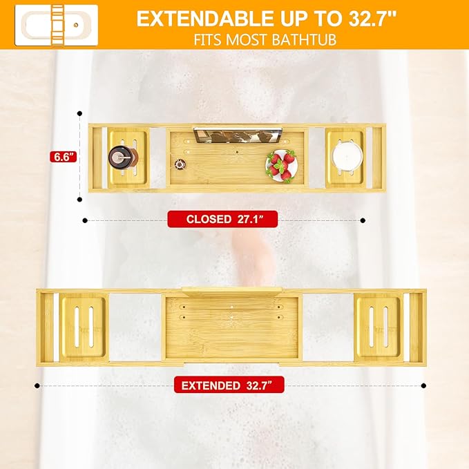 Premium Bathtub Tray - Expandable Bamboo Wooden Bath Trays for Bathub - Bath Tub Table Tray for Bathtub/Tub,Adjustable Size, Fits Most Tubs