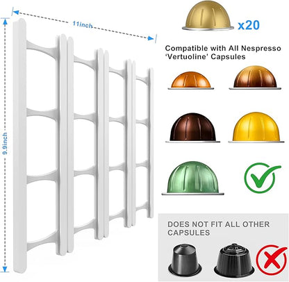 Coffee Pod Holder Compatible with Nespresso VertuoLine Capsules – 20-Pod Space-Saving Organizer for Wall, Cabinet, or Under-Counter Mount, White