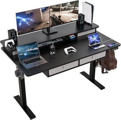 55 * 30 Inches Electric Standing Widened Desk Adjustable Height with 4 Drawers, Double Storage Shelves Stand Up Desk, Home Office Workstation Sit Stand up Desk (Classical Black)