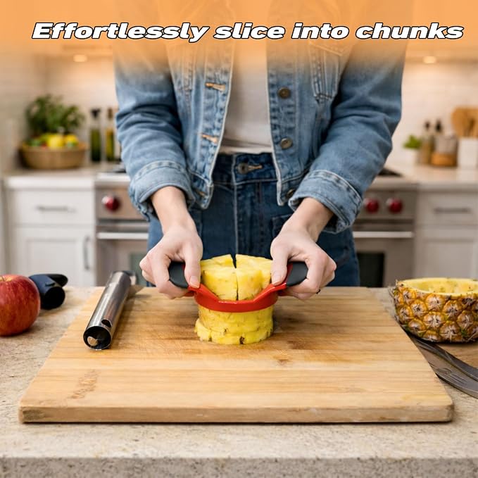 Pineapple Corer and Slicer, Stainless Steel Pineapple Cutter and Peeler Set, Robust Thick Blade, Effortless Slicing for Rings and Dices, Black Handle, Easy to Clean