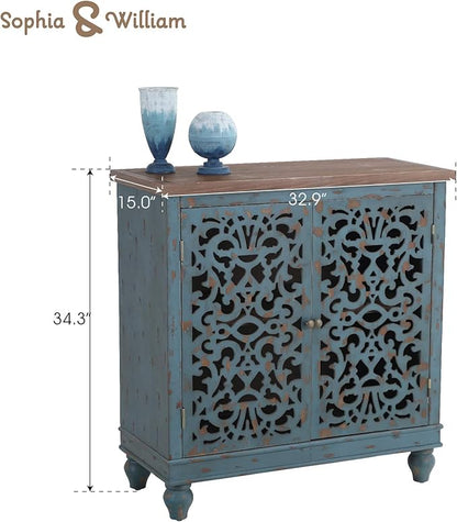 Sophia & William Accent Cabinet with 2 Doors, Distressed Storage Cabinet with Wood Frame and Hollow-Carved Door for Entryway Living Room, Blue