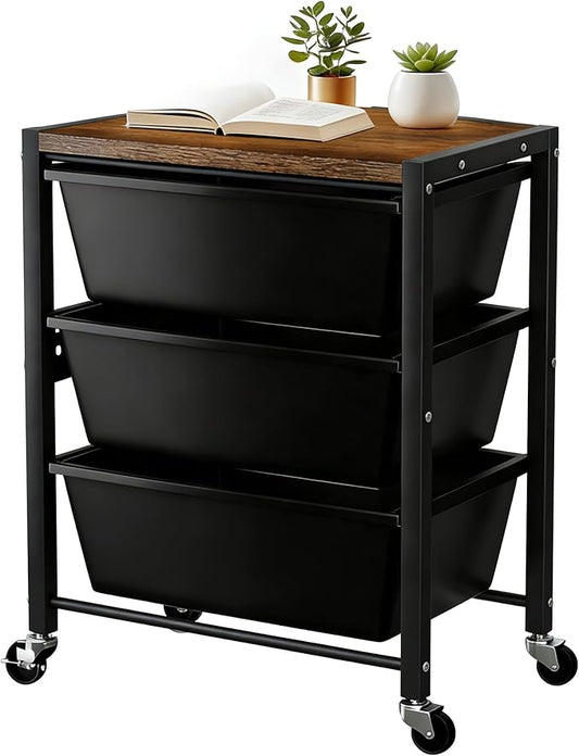 Rolling Cart with 3 Drawers, Plastic Drawer Storage Carts with Lockable Wheels & Wooden Tabletop, Metal Utility Cart Organizer, Office Bedroom Classroom Craft Organization and Storage, Dark Black