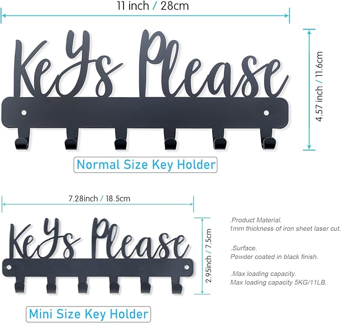 Keys Please Holder on Wall,Key Holder Wall Mounted,Black Metal Decorative Key Rack Hooks for Garage, Mudroom, Hallway,Entryway,Front Door,Office (Normal Size:11x4.57inches)