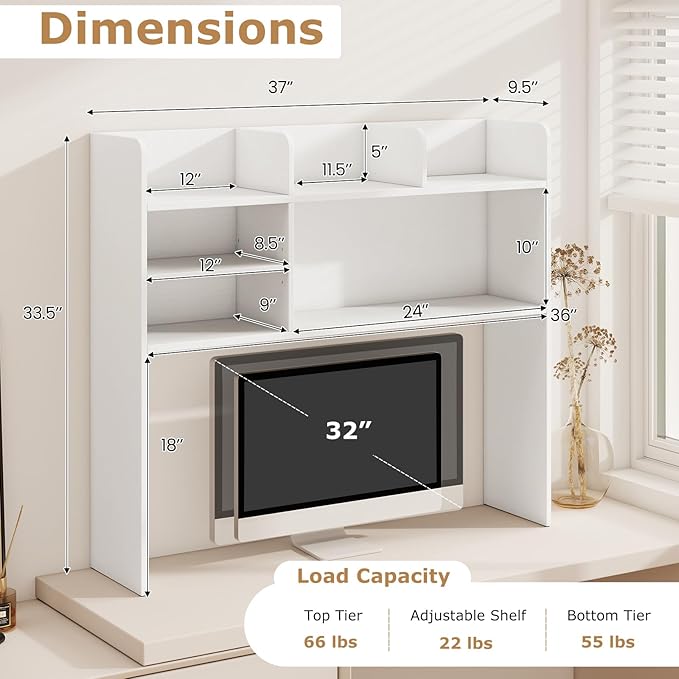 Desk Hutch, Desktop Shelf with 6 Shelves, Desk Bookshelf w/Anti-Toppling Devices, Wood Table Top Bookshelf Organizer, Small Desk Shelf for Study, Office, Dorm (White, 6 Shelves)