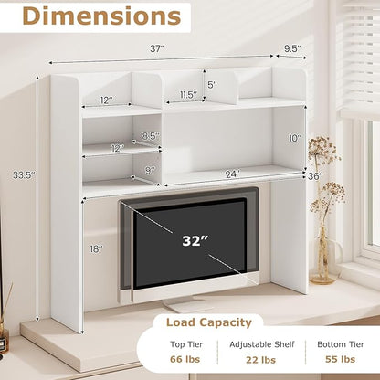 Desk Hutch, Desktop Shelf with 6 Shelves, Desk Bookshelf w/Anti-Toppling Devices, Wood Table Top Bookshelf Organizer, Small Desk Shelf for Study, Office, Dorm (White, 6 Shelves)