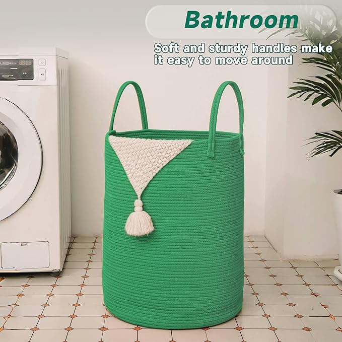 JMvicyroam Large Woven Laundry Basket Hamper,60L Cotton Rope Storage Bin for Blankets,Toys and Clothes,Decorative Tall Nursery Hamper for Living Room,Baby Nursery,Bathroom and Bedroom,Dark Green