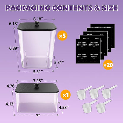 Moforoco 5+1Pack Laundry Pods Container, Clear Laundry Room Organization Containers,Large Detergent Powder Storage, Black Wooden Lids & Labels, Acrylic Pods Holder